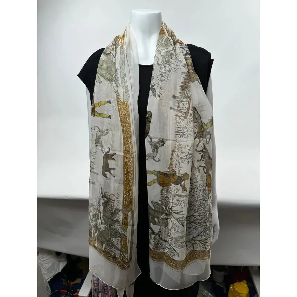 Hermes Extremely Rare 100% Silk Mirrored Image Hunt Scene Sheer Large Cape Shaw